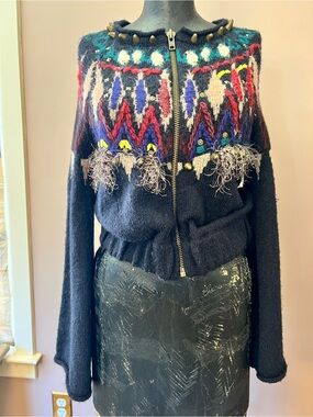 Free People Funky Studded Spikes Colorful Wool/Mohair Blend Cardigan Hoodie XS